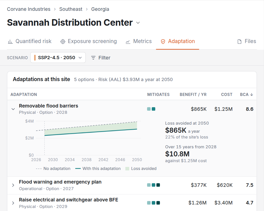 Nexus adaptation planning screen showing site adaptation options with cost estimates and modeled loss reduction.
